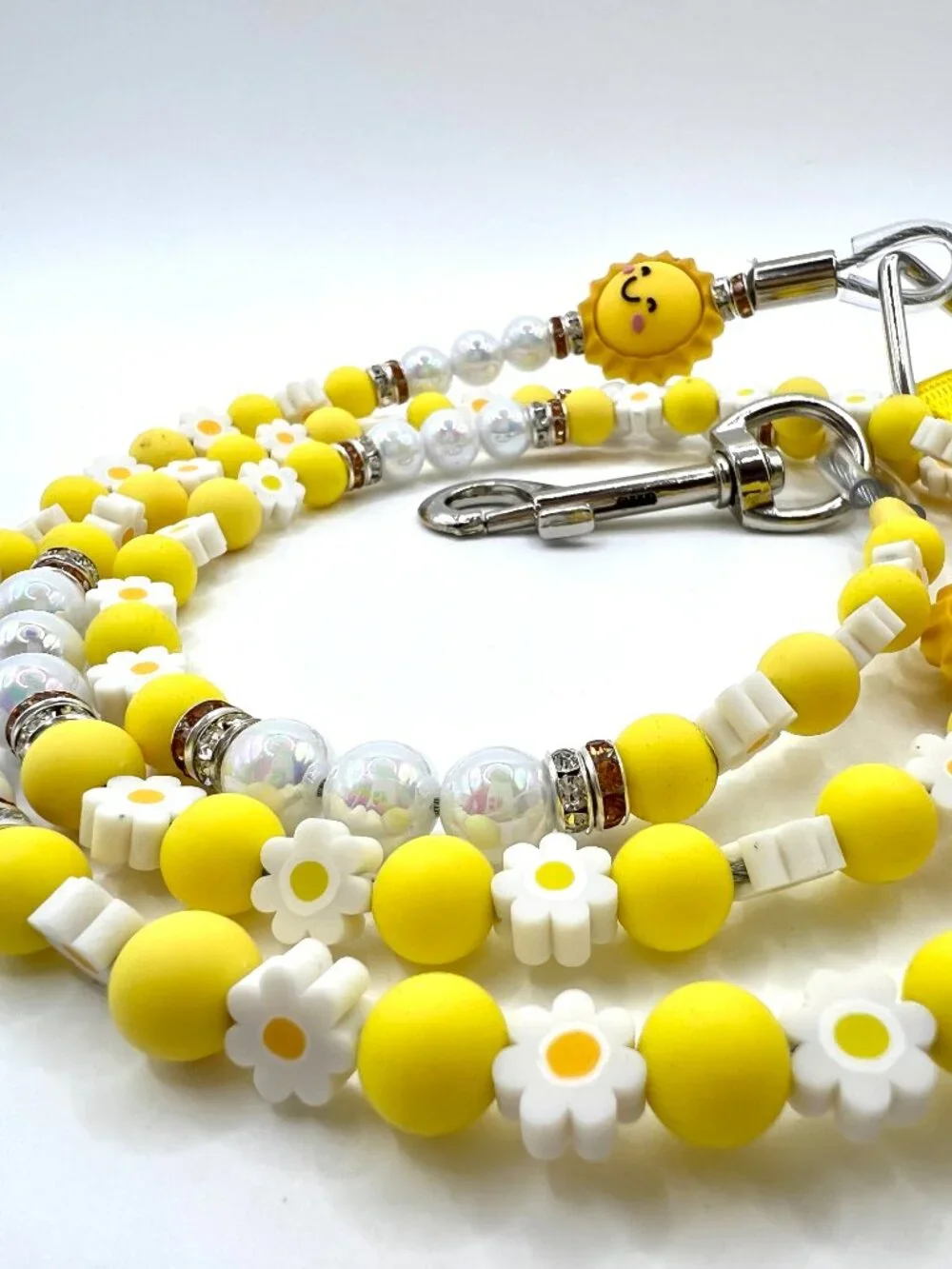 You Are My Sunshine Beaded Dog Leash | Handmade Yellow Daisy & Pearl Luxury Dog